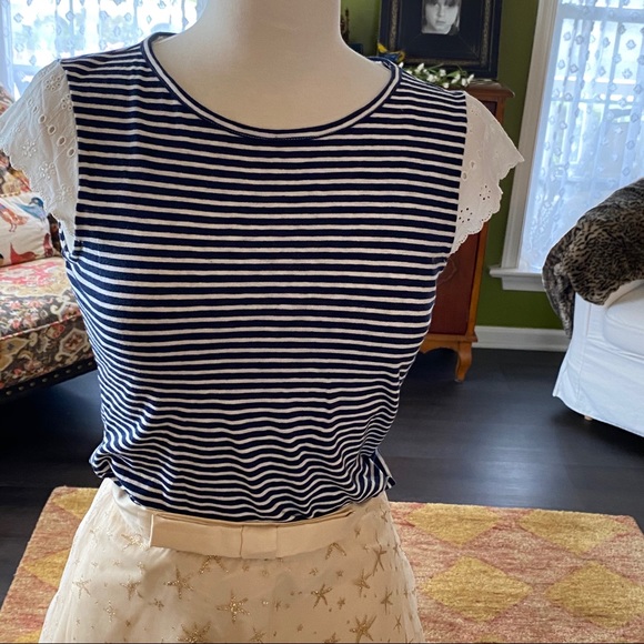 J Crew navy white striped cotton tee cap sleeve xs - Picture 1 of 4